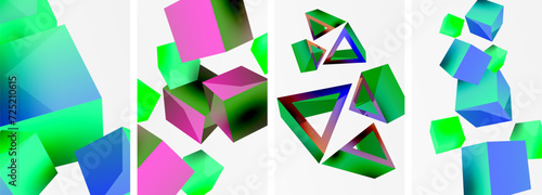 Flying 3d shapes, cubes and other geometric elements background design for wallpaper, business card, cover, poster, banner, brochure, header, website