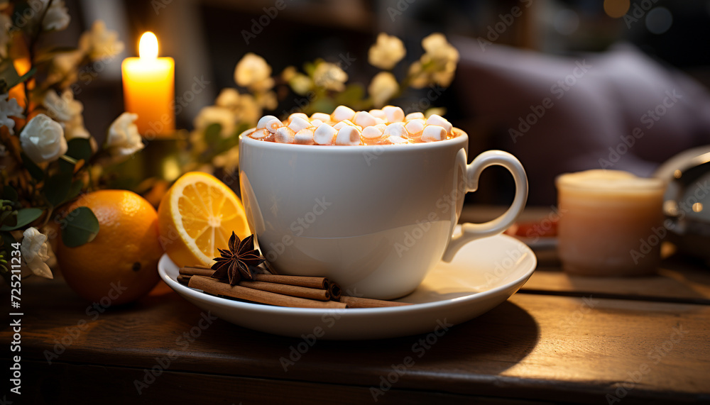 Hot drink on wooden table brings warmth generated by AI Hot drink on wooden table brings warmth generated by AI