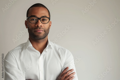 close-up, visualize an American male teacher standing confidently on a pristine white background, with facial expressions, passion for teaching, school concept