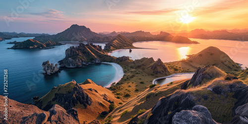 Landscape view from the top of Padar island in Komodo islands, Flores, Indonesia at sunset photo