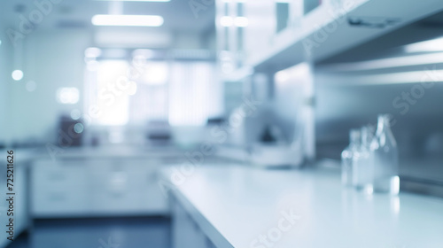Blurred interior of a modern laboratory with cool blue tones, suggesting high-tech research or medical environment
