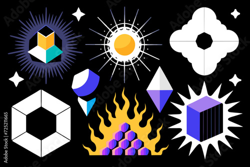Set of geometric logos space explosion  dazzling flash. Modern bold brutalist objects and shapes of the sun and stars. Colorful minimalistic figures silhouettes. Contemporary desig