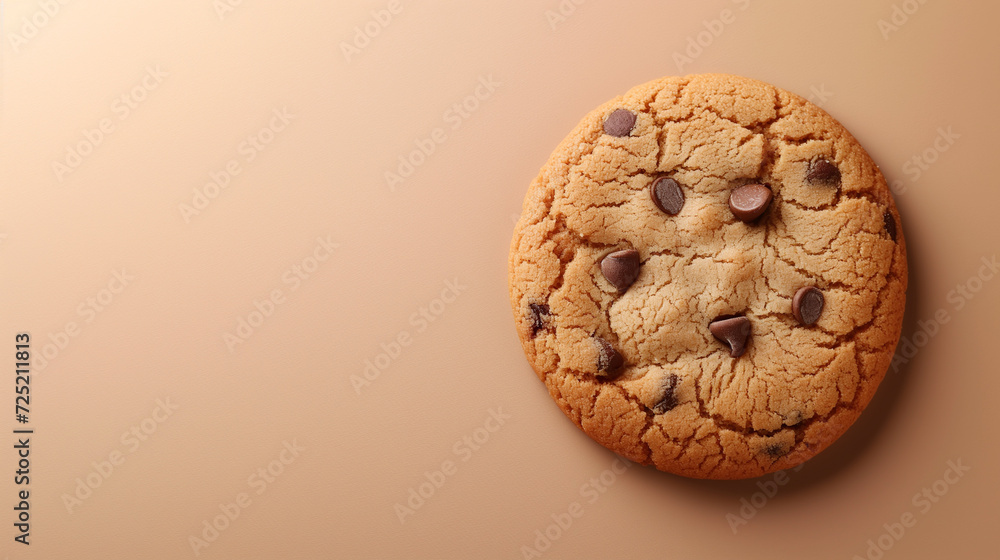 Freshly baked chocolate chip cookie on a beige background, suitable for food-related concepts and dessert-themed content Freshly baked chocolate chip cookie on a beige background, suitable for food-related concepts and dessert-themed content