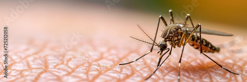 A close-up image of a mosquito feeding on human skin, potentially useful for concepts related to healthcare, diseases, or pest control, background  with a place for text photo
