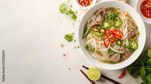 Top view of a fresh, homemade Vietnamese pho soup with rice noodles, beef slices, and garnished with herbs, lime, and chili, on a white background  with a place for text photo