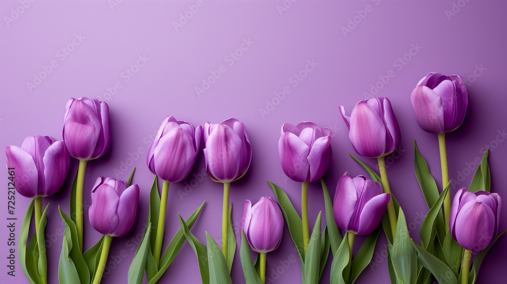 A row of vibrant purple tulips with green leaves on a complementary purple background, suitable for spring-themed or Mother's Day concepts A row of vibrant purple tulips with green leaves on a complementary purple background, suitable for spring-themed or Mother's Day concepts