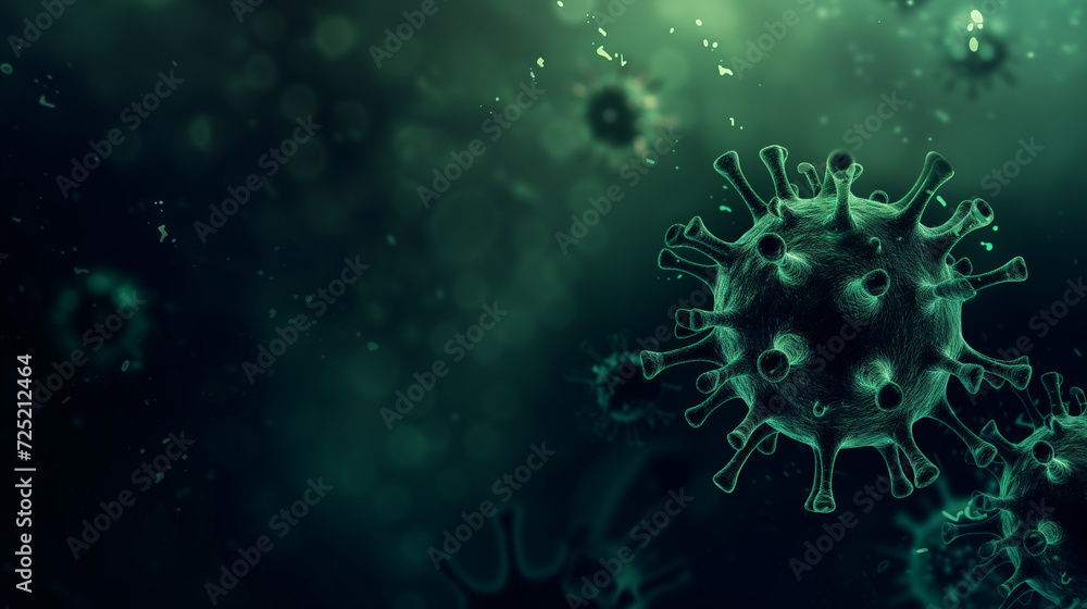 3D illustration of green virus particles on a dark background, symbolizing scientific concepts of virology and infectious diseases 3D illustration of green virus particles on a dark background, symbolizing scientific concepts of virology and infectious diseases