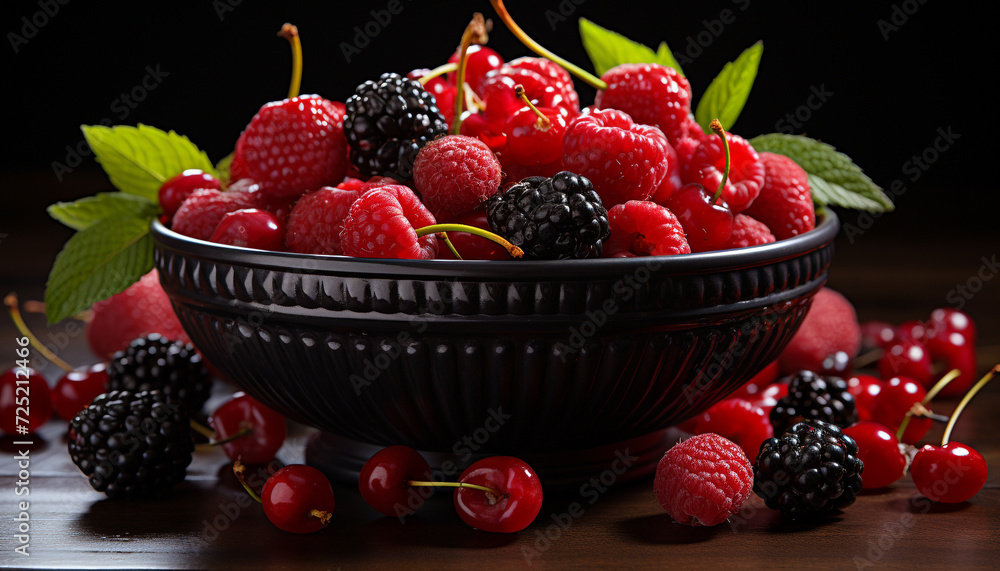 Freshness and sweetness in a bowl of organic berry dessert generated by AI Freshness and sweetness in a bowl of organic berry dessert generated by AI