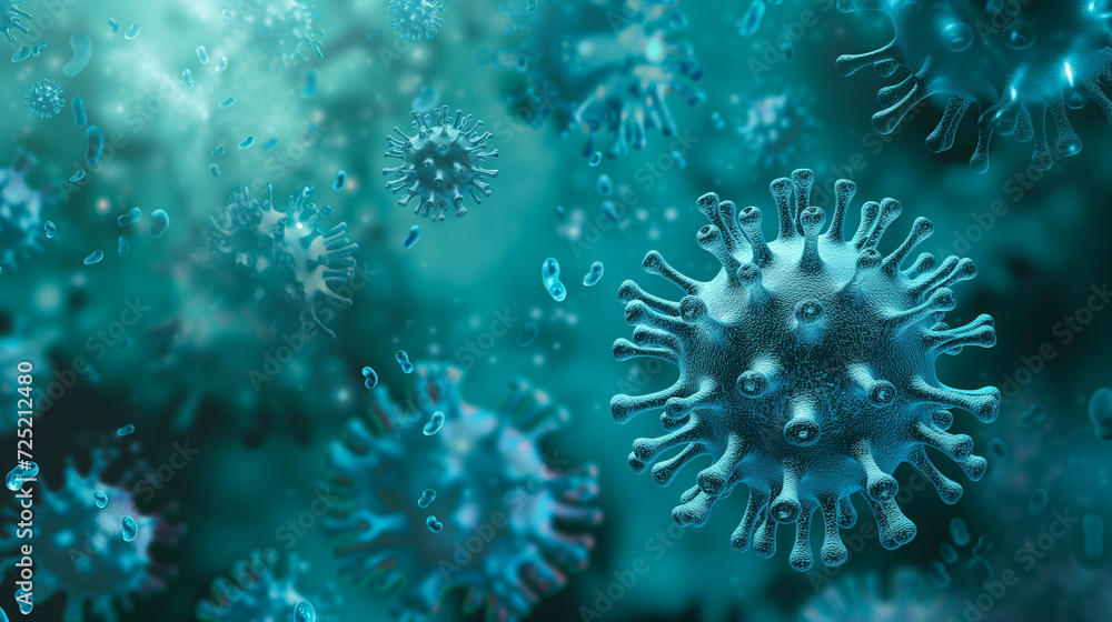 Obraz premium Digital illustration of numerous blue virus particles against a teal background, symbolizing health concepts and the spread of infectious diseases