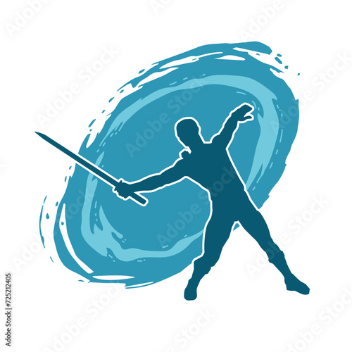 Silhouette of a male warrior in action pose with sword weapon. Silhouette of a man fighter carrying sword weapon.
