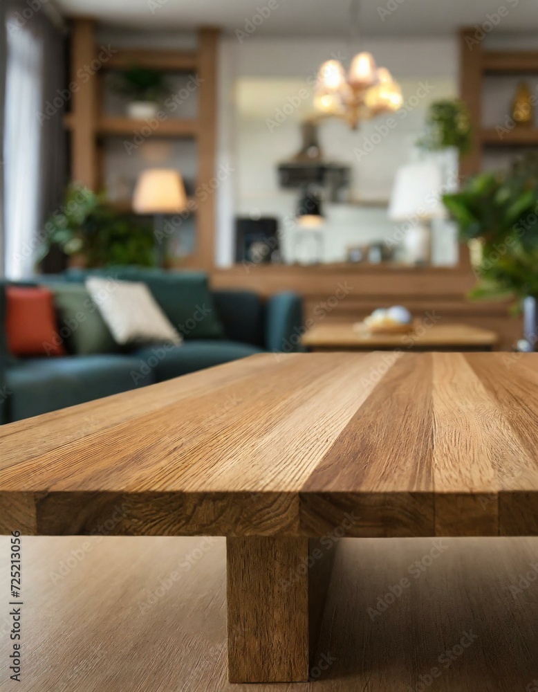 Empty wooden tabletop with blurred living room, modern living room with Wood table with blurred modern apartment interior background, 