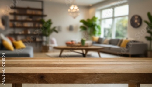 modern living room background, Empty wooden tabletop with blurred living room background, modern living room with Wood table with blurred modern apartment interior background, 