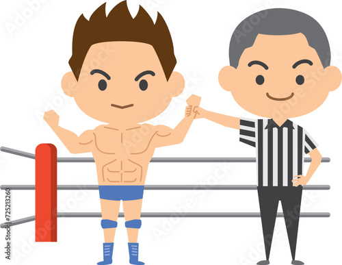 勝者の腕をあげるレフリーのイラスト（男子レスラー）