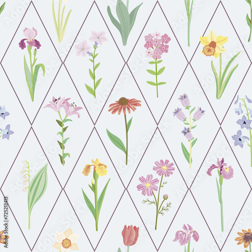 seamless geometric pattern with garden flowers, vector drawing flowering plants, floral cover design, hand drawn botanical illustration
