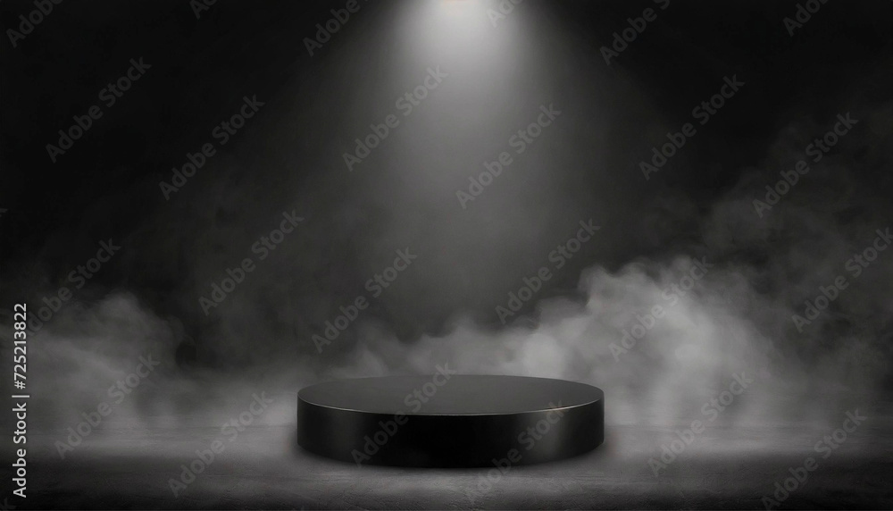 Podium black dark smoke background product platform abstract stage texture fog spotlight. Dark black floor podium dramatic empty night room table concrete wall scene place display studio smoky dust