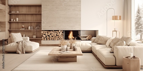 Photo of contemporary living room in white and beige.