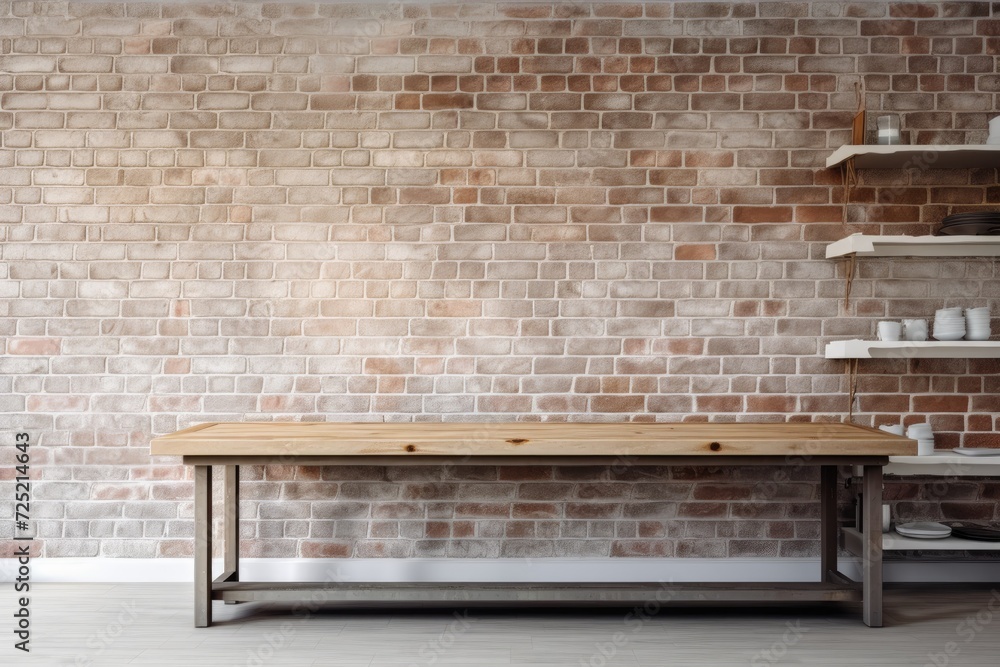 backdrop, layout, and template. a shelf and an empty table against a pale brick wall. kitchen island counter backdrop, layout, and template. a shelf and an empty table against a pale brick wall. kitchen island counter