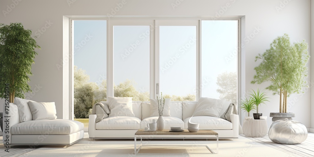 Fototapeta premium Trendy living room with white sofa and glass doors.
