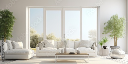 Trendy living room with white sofa and glass doors.