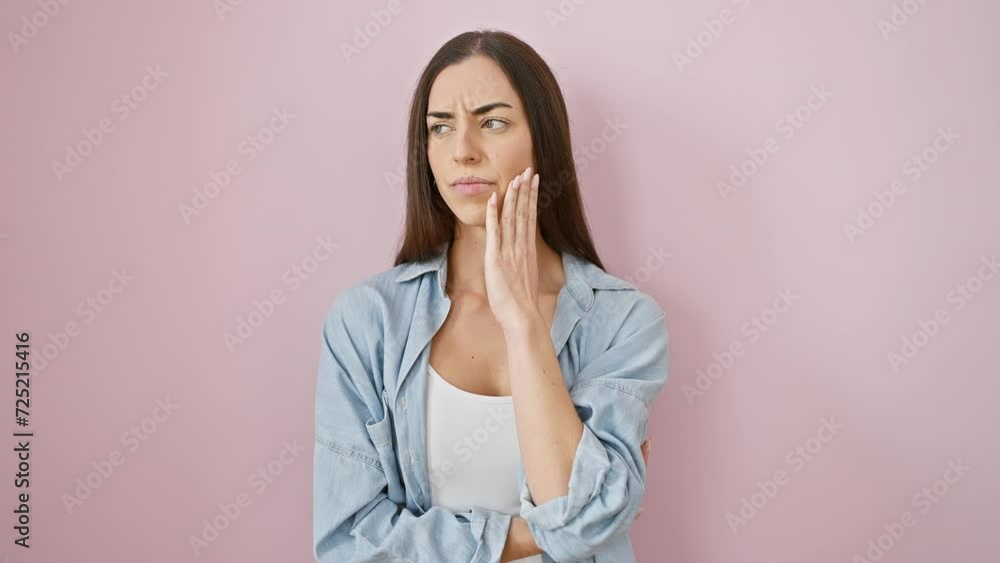 Stressed out young hispanic woman in casual clothes bites nails over anxiety issues. beautiful yet nervous expression on isolated pink background.
