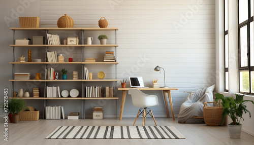 Modern domestic room with wood material design  shelf  and table generated by AI