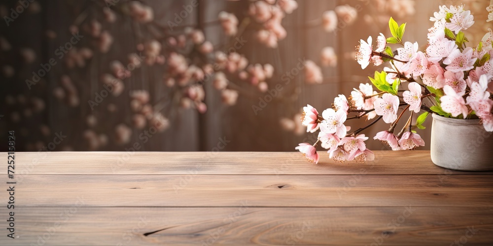 Wooden table adorned with spring blossoms as a backdrop decoration.