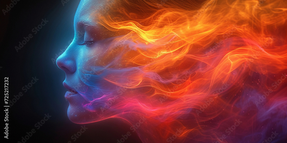 Closeup Isolated Woman's Face Flowing With Fiery Energy Closeup Isolated Woman's Face Flowing With Fiery Energy