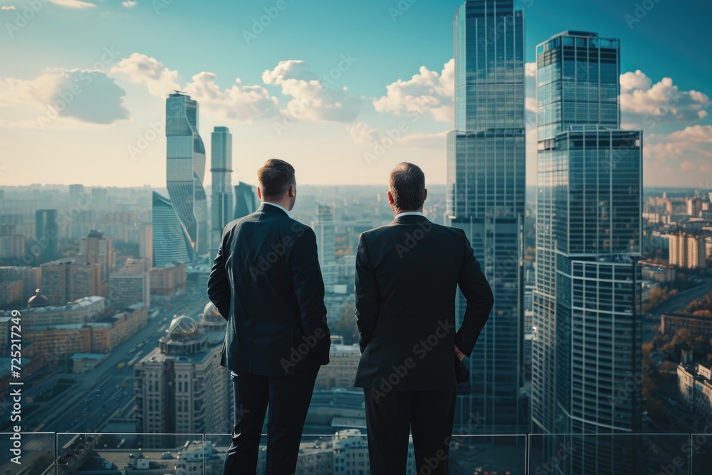 Businessmen on roof - investments, patron, business: economic growth strategic capital investment and innovative building initiatives, success in the dynamic landscape of entrepreneurial development. - obrazy, fototapety, plakaty 