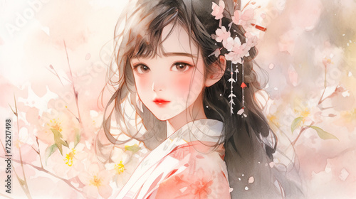 桜と着物姿の若い女性の水彩イラスト photo