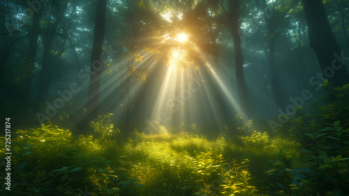 Sunlight beams filter majestically through the mist in a lush, green woodland. 