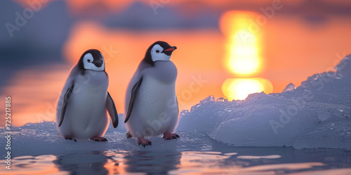 Two penguins stand kissed on melting ice in Arctic Ocean global warming concept  generative ai