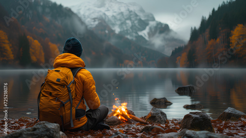 A person in a yellow jacket sits by a campfire, contemplating a serene mountain lake surrounded by fall foliage. 