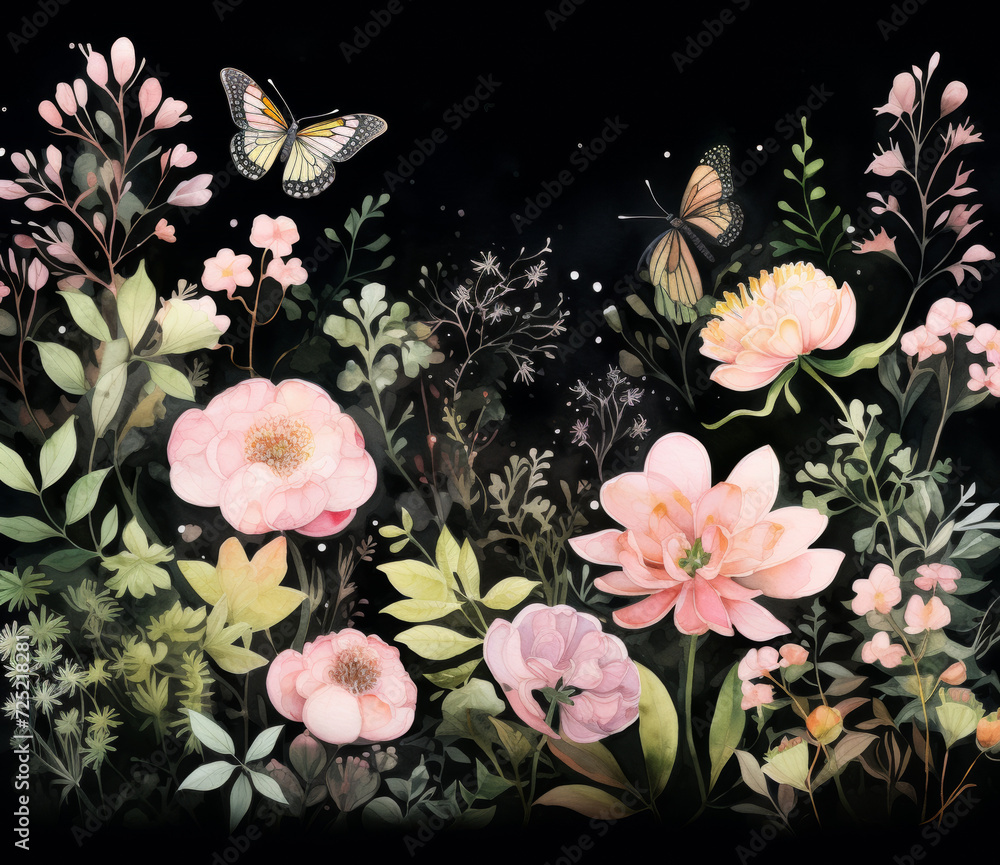 Watercolor flowers floral background, black background, realistic landscapes with soft edges, french countryside, pink and beige.Perfect for backgrounds, cards, wallpapers, Wall Arts, 