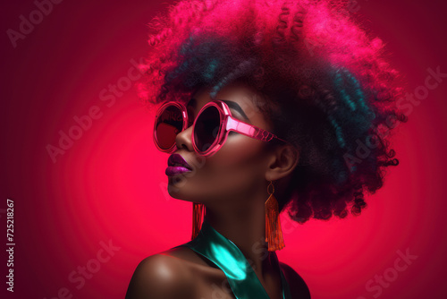 Sunglasses-Clad Stylish black Woman with Retro Elegance in Black, Red, and Summer Glamour