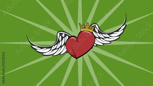 winged red heart tattoo sticker, background card illustration in vector format