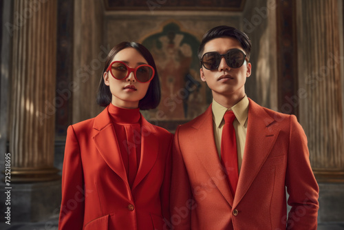 Asian Couple wearing stylish red suits, sunglasses, and exuding love and fashion vibes 