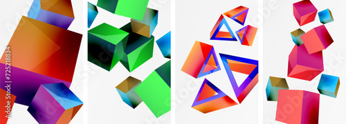 Flying 3d shapes, cubes and other geometric elements background design for wallpaper, business card, cover, poster, banner, brochure, header, website