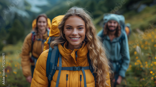 Group of smiling friends hiking together, with a focus on a joyful woman in a yellow beanie. 