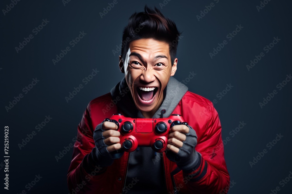 An Asian man deeply engrossed in gaming, skillfully maneuvers a joystick, showcasing his passion for the immersive virtual world. An Asian man deeply engrossed in gaming, skillfully maneuvers a joystick, showcasing his passion for the immersive virtual world.