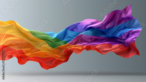 A dynamic image capturing the flow of a colorful rainbow flag in motion against a neutral backdrop. 
