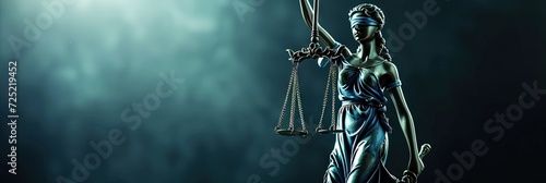 blind lady justice holding scales of justice banner with plenty of blank copy space for legal, law, political, court usage photo