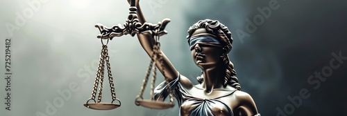 blind lady justice holding scales of justice banner with plenty of blank copy space for legal, law, political, court usage