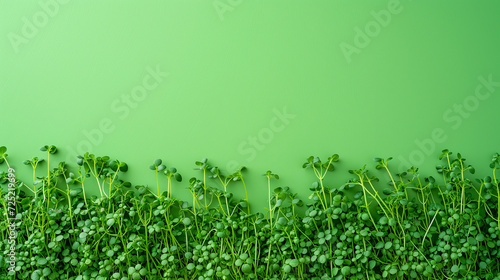 Vibrant green background with a place for text featuring a lush border of fresh microgreens suitable for spring-themed or healthy living concepts