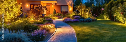 Pathway through front lawn of a residential house. Well lit with plants and flowers, and well kept lawn. Stone walkway.