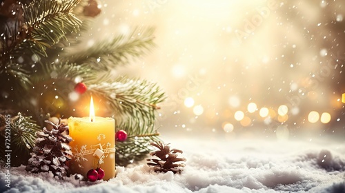 Advent candle, fir tree branches and holiday decorations in snow against light garland background. Copy space for text.