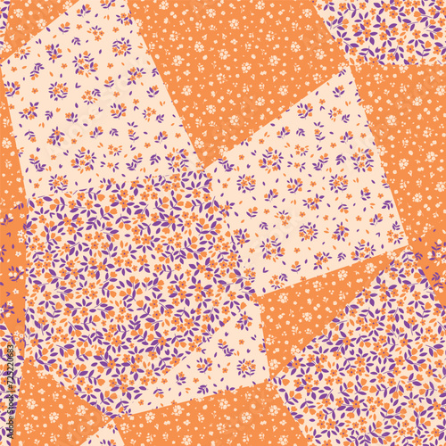 Abstract seamless pattern. Colorful patchwork vector background. Cottage core print for textile and decoration. Retro wallpaper with flat tiny flowers. Ditsy floral pattern design