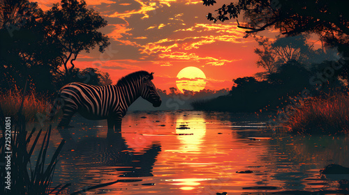 Silhouette Of Zebra At River In Sunset. Generative Ai