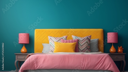 Detail of interior design bedroom dark turquoise pink wall, mustard yellow bed with herringbone fabric high definition