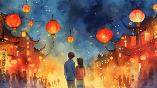 a watercolor painting with the theme of a couple enjoying Chinese New Year's Eve filled with beautiful lanterns in the sky, which is used through AI, imlek new year's photo