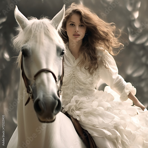 A woman with a light smile on a white horse, in a white dress.
Generative AI.